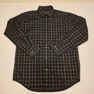 Kenneth Roberts Platinum Mens Large Black Purple Plaid Paisley Dress Shirt